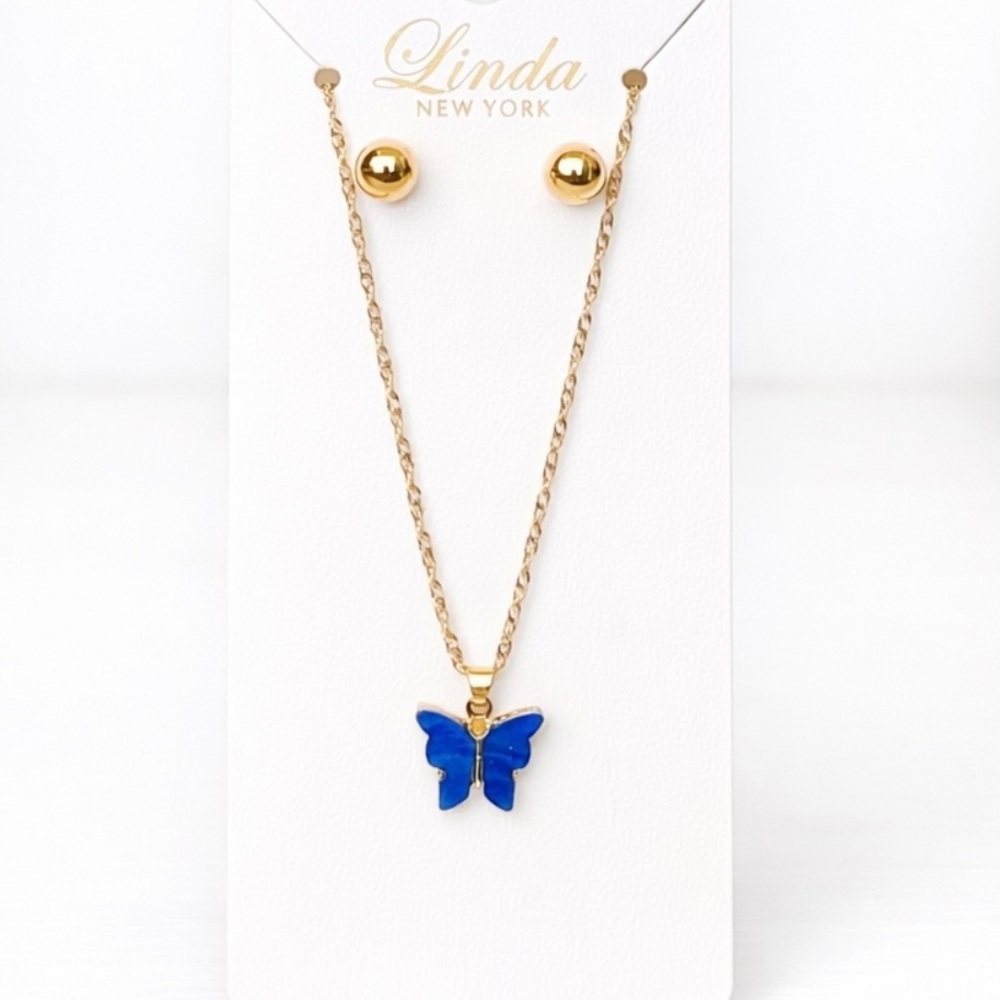 Linda New York Gold and Blue Butterfly Necklace & Earrings Set
